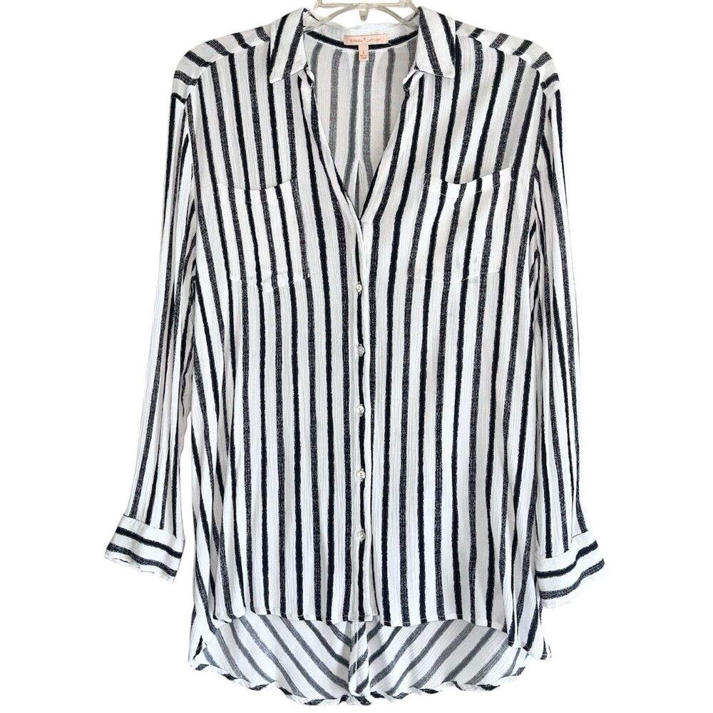 Gibson Latimer Striped Longline Shirt Womens Size L White Black Long Sleeves